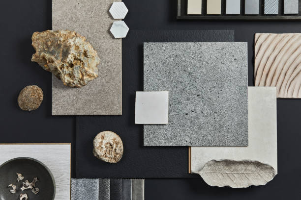 istock Flat lay composition of creative black architect moodboard with samples of building, textile and natural materials and personal accessories. Top view, black backgroung, template. 1340022326