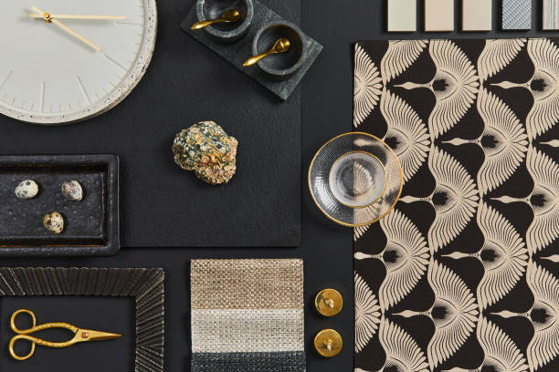 istock Flat lay composition of creative black architect moodboard with samples of building, textile and natural materials and personal accessories. Top view, black backgroung, template. 1340022334