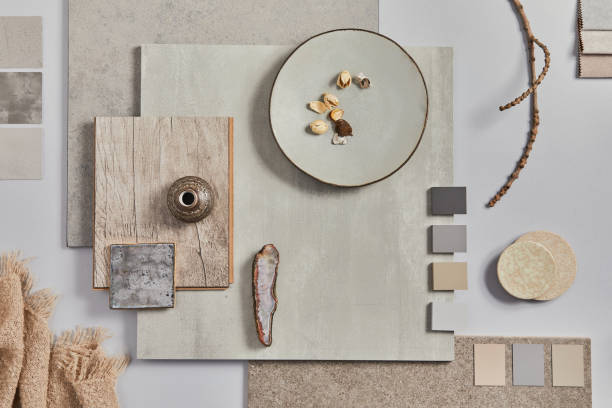 istock Creative flat lay design of stylish beige architect moodboard composition with samples of building, textile and natural materials and personal accessories. Top view,  white background, template. 1340022350