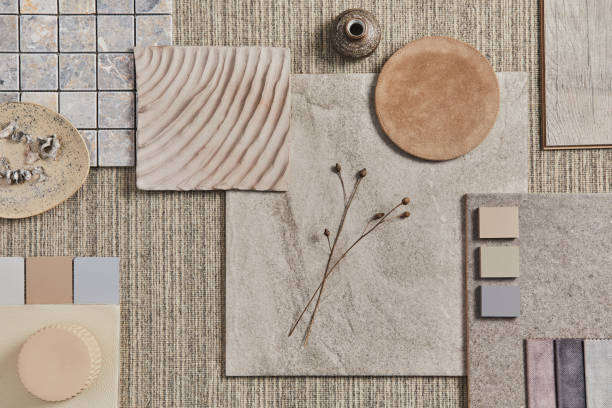 istock Flat lay of creative design of beige architect moodboard composition with samples of building, neutral textile and natural materials and personal accessories. Top view, template. 1340022377