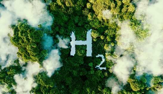 Un concepto que representa metafóricamente el hidrógeno como una fuente de energía ecológica en forma de estanque en medio de una selva virgen. Renderizado 3d. photo