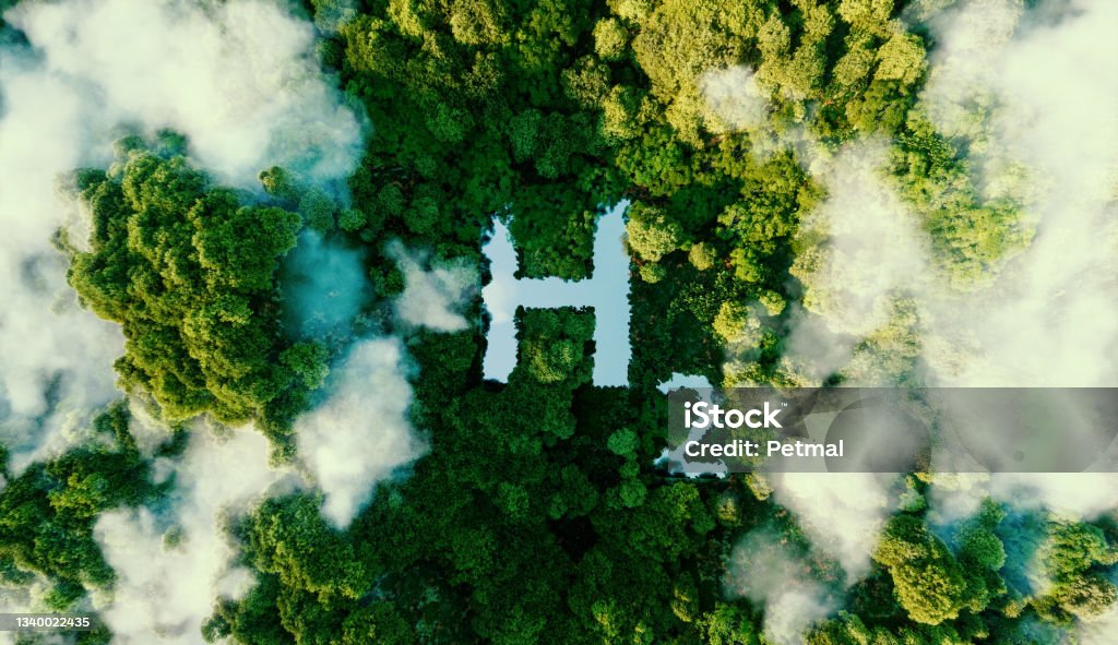 A concept metaphorically depicting hydrogen as an ecological energy source in the form of a pond in the middle of a virgin jungle. 3d rendering. Hydrogen Stock Photo