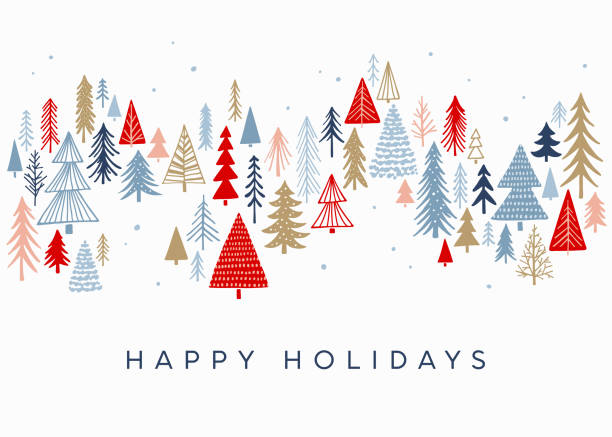 ilustraciones, imágenes clip art, dibujos animados e iconos de stock de fondo de navidad con árboles - happy holidays