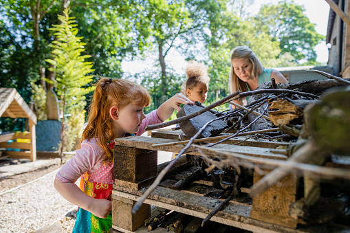 A close-up of a little girl as she helps her teacher build the insect hotel in the schoolyard. With the help and guidance of her teacher, she is placing pieces of wood carefully to encourage insects and bugs to come and live in the insect hotel they have made for them.
