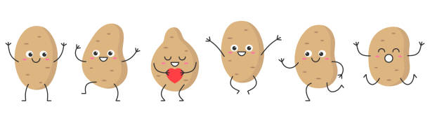 set kartoffel charakter cartoon freut sich springen laufen lächelndes gesicht glückliche emotionen icon vektor illustration. - kartoffeln stock-grafiken, -clipart, -cartoons und -symbole