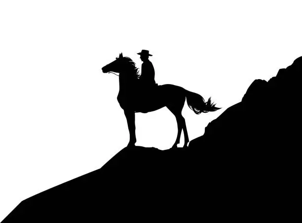 Vector illustration of vector silhouette of cowboy and horse standing against sky on cliff top