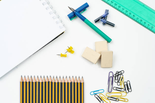istock Different elements or essential school supplies such as pencils, erasers and ink pen. Concept of back to school and return to normality. 1340025361