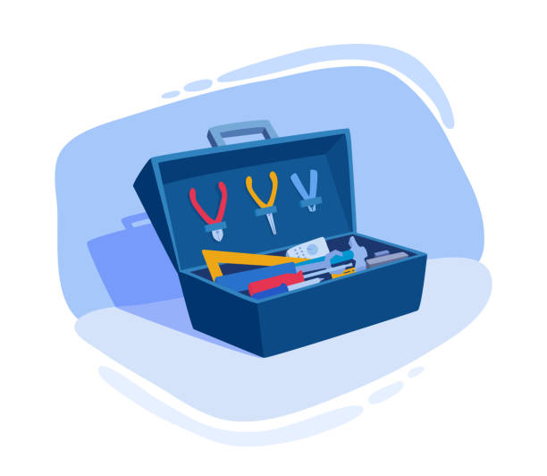 ilustraciones, imágenes clip art, dibujos animados e iconos de stock de una caja de herramientas abierta con herramientas, instrumentos de trabajo. un conjunto de cajas de herramientas. caso, organizador. - tool box