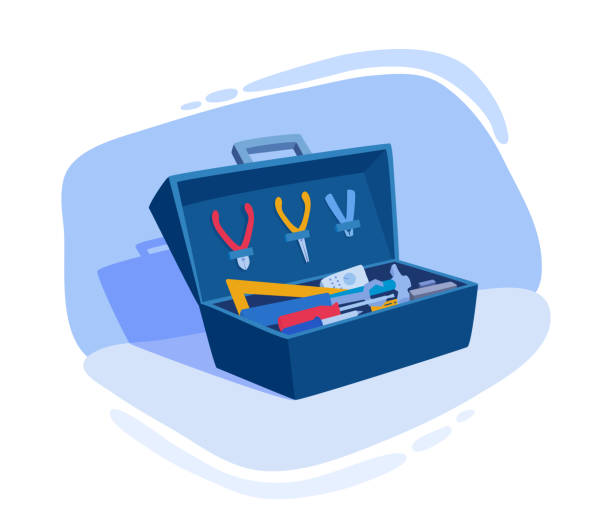 writing toolkit clipart An opened toolbox with tools, working instruments. A toolkit box set. Case, organizer. A vector cartoon illustration. toolbox stock illustrations