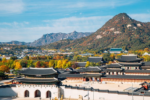 Panorama view of Gyeongbokgung Palace at autumn in Seoul, Korea