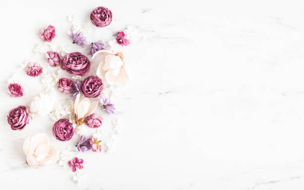 istock Flowers composition. White and purple flowers on marble background. Flat lay, top view 1340028593