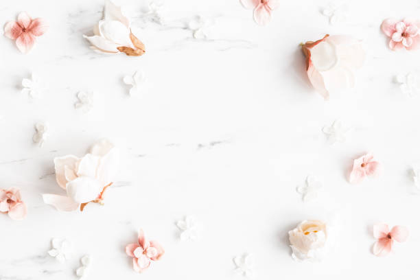 istock Flowers composition. White and pink flowers on marble background. Flat lay, top view 1340028610