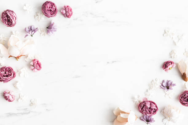 istock Flowers composition. White and purple flowers on marble background. Flat lay, top view 1340028778