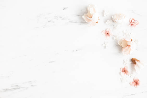 istock Flowers composition. White and pink flowers on marble background. Flat lay, top view 1340028840
