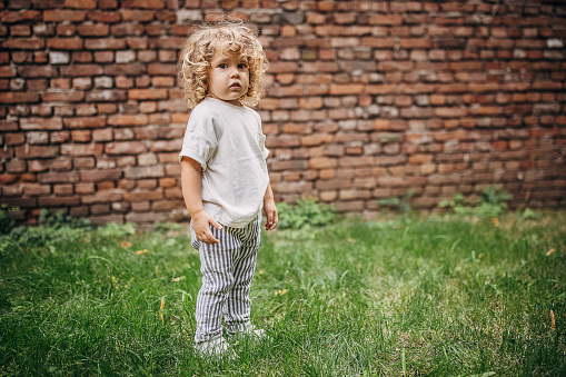 Cute blond and curly baby boy standing in the yard and looking at camera