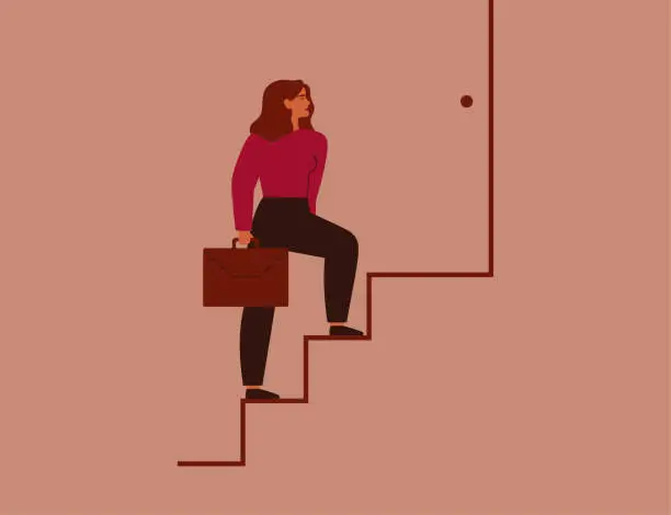 Vector illustration of Businesswoman climbing up onto career ladder. Strong Woman takes step by step forward to success. Females entrepreneur with briefcase rises up on the stairway.