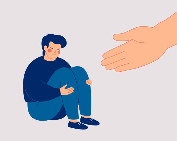 ilustraciones, imágenes clip art, dibujos animados e iconos de stock de una mano humana ayuda a un joven triste a deshacerse de la ansiedad. el consejero apoya al niño con problemas psicológicos. - therapy mental illness behavior mental health