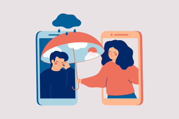 ilustrações de stock, clip art, desenhos animados e ícones de online therapy. woman supports man with psychological problems. girl comforts her sad male friend over the phone. counselling for people under stress - saude mental