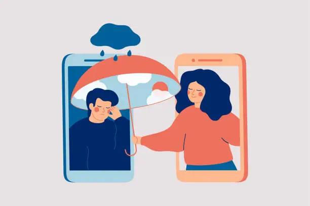 Vector illustration of Online therapy. Woman supports man with psychological problems. Girl comforts her sad male friend over the phone. Counselling for people under stress