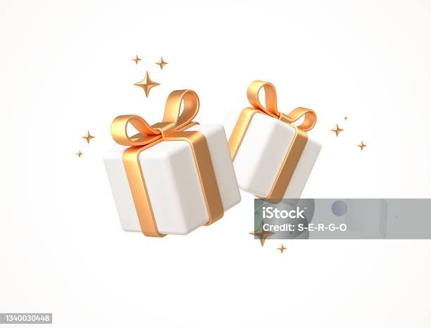 白で隔離されたギフトボックス金色のリボンと弓を持つ3dホワイトギフトボックス誕生日のお祝いのコンセプトベクターの図 - 贈り物のベクターアート素材や画像を多数ご用意