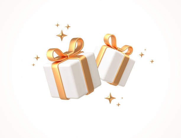 ilustrações de stock, clip art, desenhos animados e ícones de gift boxes isolated on white. 3d white gift boxes with golden ribbon and bow. birthday celebration concept. vector illustration. - bow gold gift tied knot
