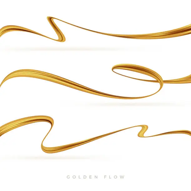 Vector illustration of Set of golden flow wave. Golden paint brush stroke. Luxury flow design element. Abstract gold ribbon. Vector illustration.