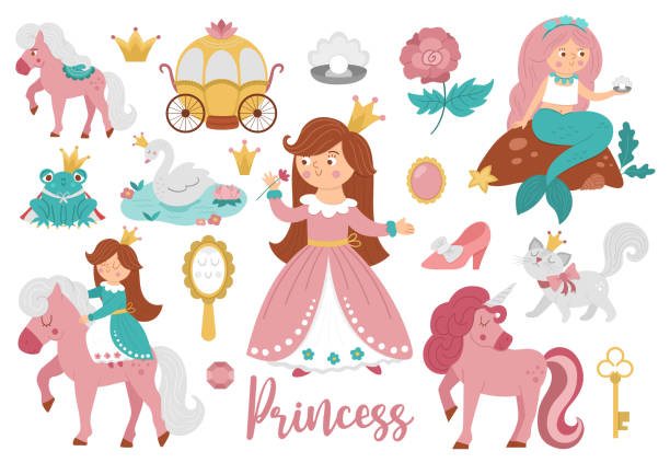 illustrations, cliparts, dessins animés et icônes de collection de princesses de conte de fées. grand ensemble vectoriel de fille fantastique, voiture, sirène, prince grenouille licorne, cygne. pack de femme de chambre de conte de fées médiéval. icônes magiques de dessins animés féminins avec de joli - swan princess cartoon crown