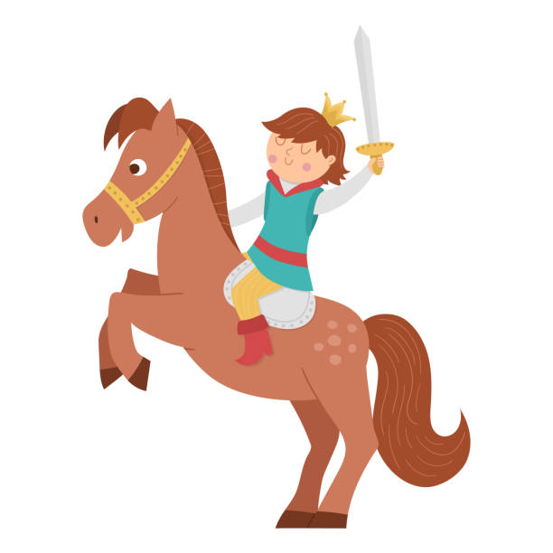 ilustrações de stock, clip art, desenhos animados e ícones de fairy tale prince with sward on a horse on the rack isolated on white background. vector fantasy young monarch in crown ready to fight. medieval fairytale character. cartoon magic sovereign icon - royal baby