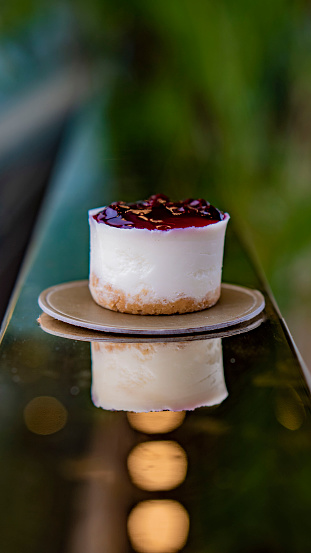 Close-up of a Homemade Blueberry cheesecake with graham cracker crust and blueberry filling and blueberry topping on a green nature background and on a gold reflective surface in Sri Lanka