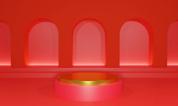 istock gold podium with showcase in the  studio room.3d rendering. 1340038909