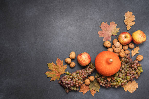 istock Autumn vegetables and fruits on black background 1340039784