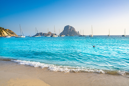 Ibiza cala d Hort with Es Vedra islet sunset in Sant Josep of Balearic Islands