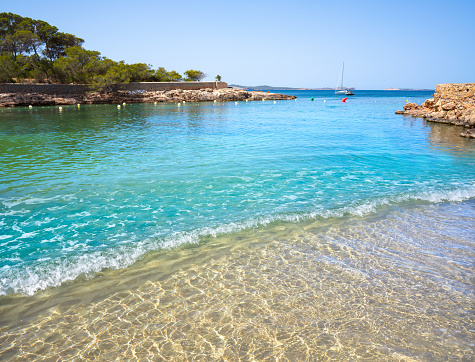 Ibiza Cala Gracio Gracioneta beach in San Antonio of Balearic Islands