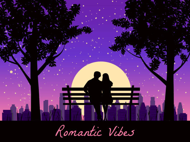 romantische vibes paarliebhaber auf der bank im park, unter bäumen. sonnenuntergang, nacht, sterne. vector happy valentines day illustration, silhouette - bench park park bench silhouette stock-grafiken, -clipart, -cartoons und -symbole