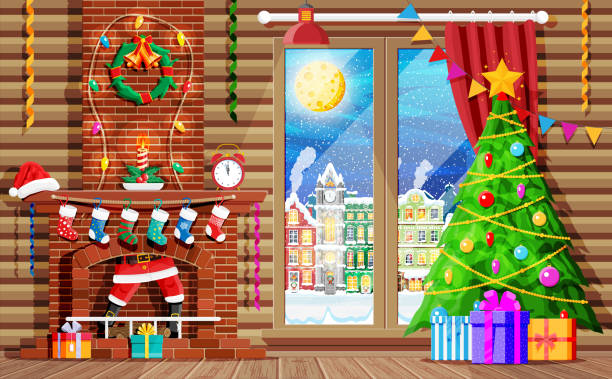 Cozy interior of room with window and fireplace Cozy interior of room with window and fireplace. Happy new year decoration. Merry christmas holiday. New year and xmas celebration. Winter landscape, tree, snow, town. Cartoon flat vector illustration stuck in room stock illustrations