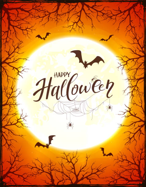 행복한 할로윈과 나무와 오렌지 배경 - frame grunge halloween backgrounds stock illustrations