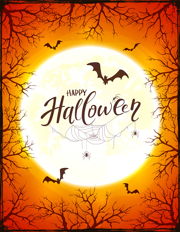 Grunge orange background with text Happy Halloween, big Moon ant trees. Card with bats, black spiders in cobwebs. Illustration can be used for children's holiday design, decorations, cards, banners