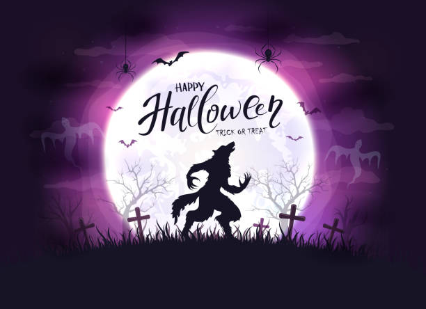 Purple Halloween Background with Werewolf Lettering Happy Halloween and scary werewolf in cemetery on purple background with big Moon. Illustration with monster silhouette can be used for holiday Halloween design, decorations, cards, banners moon silhouettes stock illustrations