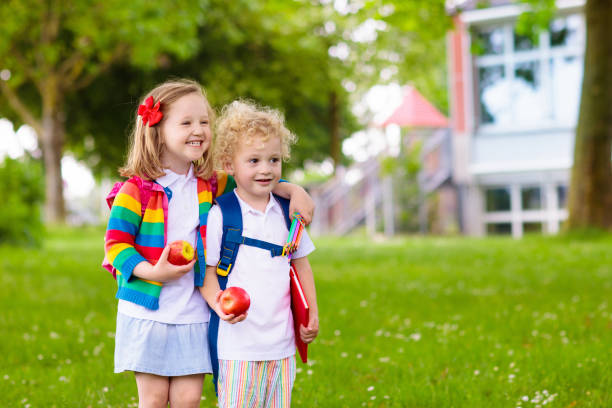 Kids on first school day stock photo