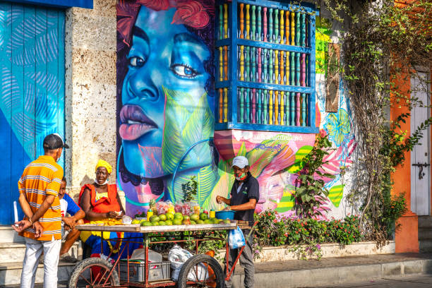 Cartagena in historic Getsemani district near Walled City Cartagena, Colombia – 22 May, 2021: Scenic colorful streets of Cartagena in historic Getsemani district near Walled City