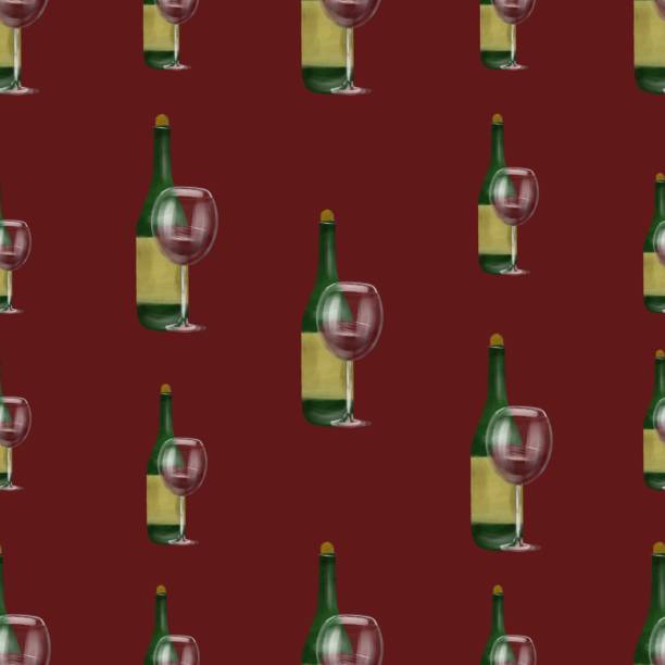 istock Bottle and glass of red wine, Seamless pattern on a red background by acrylic. 1340046467