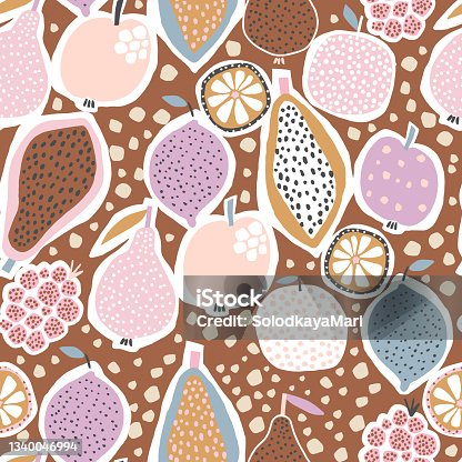 istock Seamless exotic pattern with creative fruits, papaya,apple, lemon, oranges,raspberry, pears. Abstract summer fruit background. Great for fabric, textile, apparel. Vector illustration 1340046994