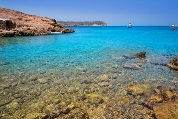 Cala Xuclar of Ibiza in Sant Joan Balearics Cala Xuclar beach of Ibiza in Sant Joan of Balearic Islands balearics stock pictures, royalty-free photos & images