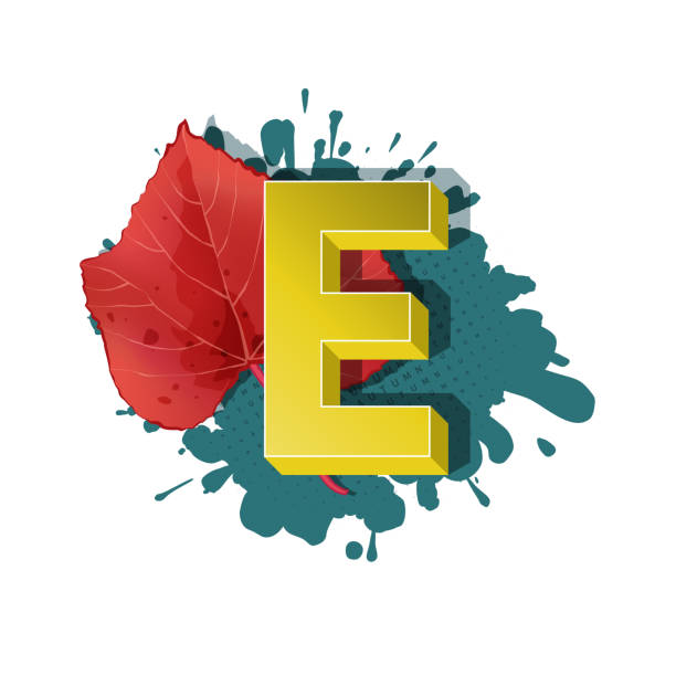 Autumn 3D pop art alphabet - colorful bold letter E Autumn 3D pop art alphabet, colorful bold letter E and maple leaf on a halftoned and spotted background. Multilayer funny vector letters in retro comic style for websites, posters, comics and banners. aspen leaf stock illustrations