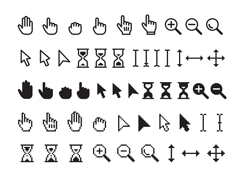 Pointer cursor icon. Sign pointers, computer web hand and arrows. Click mouse symbols, black search, select and grabbing tidy vector collection. Illustration of cursor and click, pointer interface