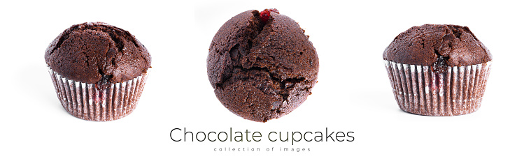 Chocolate cupcakes with cherry jam isolated on a white background. Chocolate muffin in hand. High quality photo
