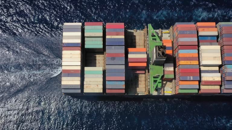 Aerial top down view of a container cargo ship