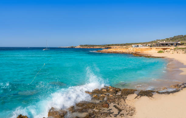 Ibiza Cala Comte conta beach Balearics Ibiza Cala Comte Conta beach in Sant Josep of Balearic Islands balearics stock pictures, royalty-free photos & images