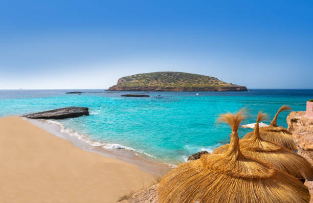 Ibiza Cala Comte conta beach Balearics stock photo