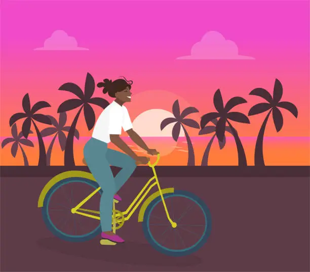 Vector illustration of A cute girl with flying hair rides a bicycle